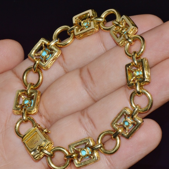 VINTAGE MID-CENTURY SOLID 18K GOLD & NATURAL PERSIAN TURQUOISE BRACELET - Picture 7 of 13